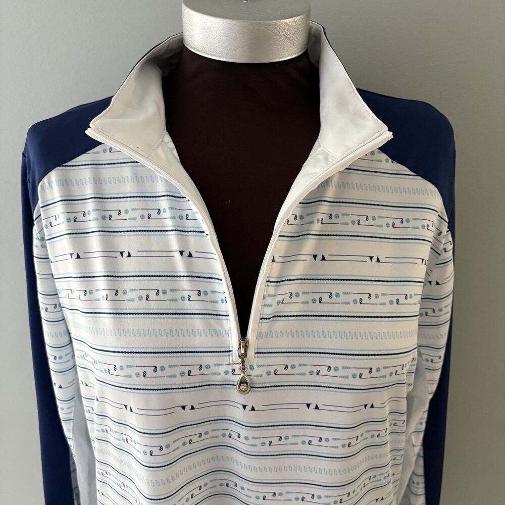 SanSoleil 1/4 Zip Pullover Womens Large Blue White Print UV 50 Golf Pickleball - Picture 4 of 16